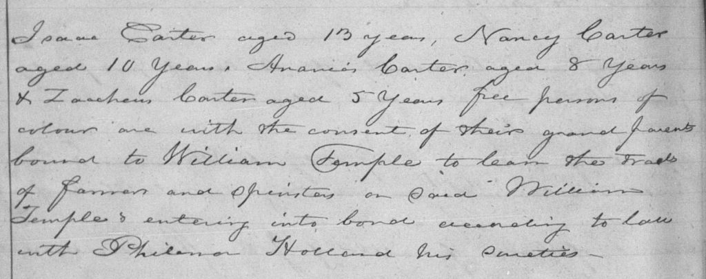 Detail of a handwritten 1853 North Carolina Apprenticeship Bond listing Isaac, Nancy, Ananias, and Zachariah Carter.