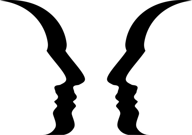 Two human head silhouettes facing each other in profile, representing the Psychological Synthesis and family constellation mapping in genealogical research.