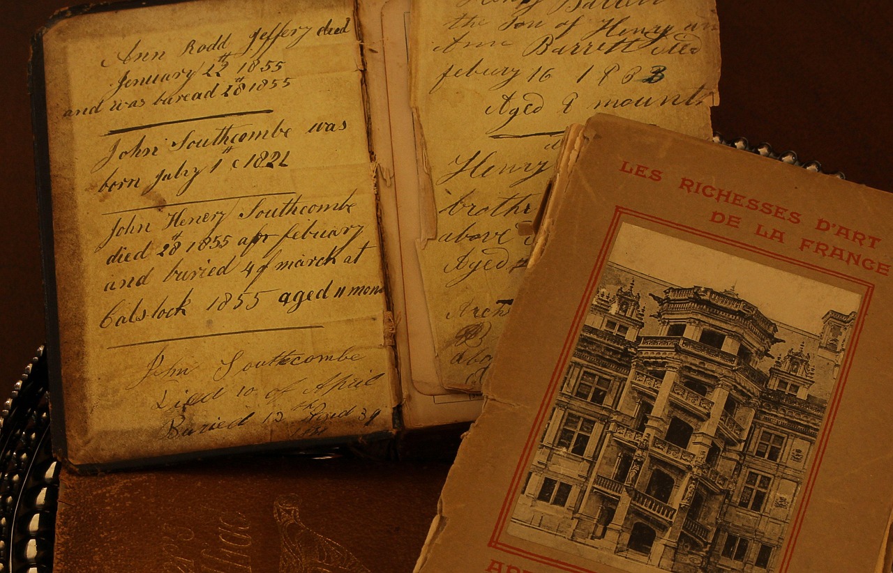 A close-up of a weathered, 19th-century leather-bound book titled Les Richesses D'art De La France, featuring handwritten ink notes on the inside cover and aged, yellowed pages.