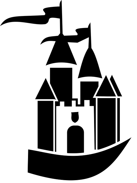 A solid black silhouette of a medieval castle with three turrets, each topped with a waving flag.