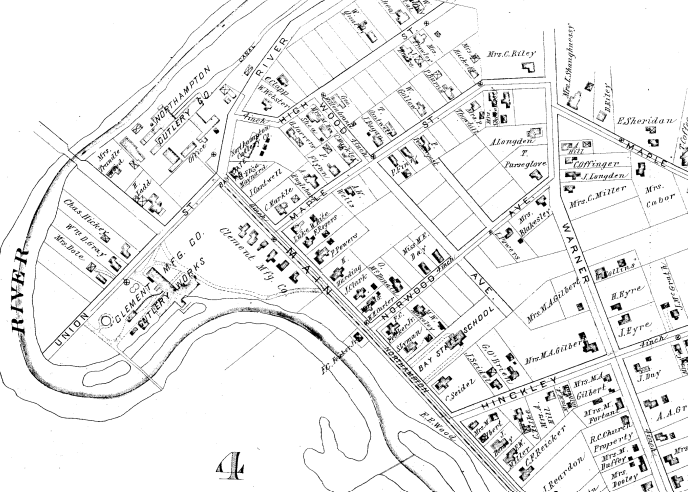 Detail of the 1895 Miller Atlas Plate 10 showing the industrial area of Bay State Village, including the Northampton Cutlery Co. and residential streets like Maple and Union.