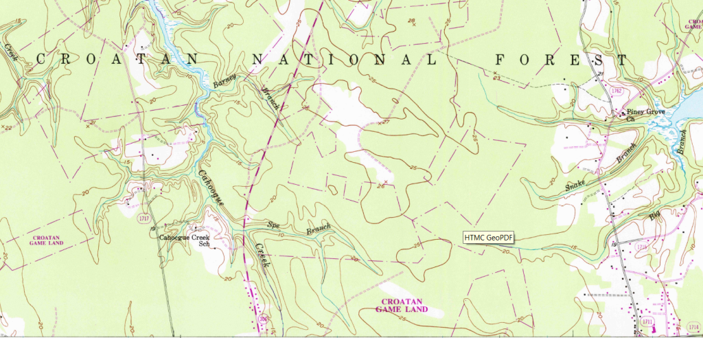 Topographic map section of the Croatan National Forest in North Carolina, showing the winding path of Hancocks Creek and surrounding terrain.