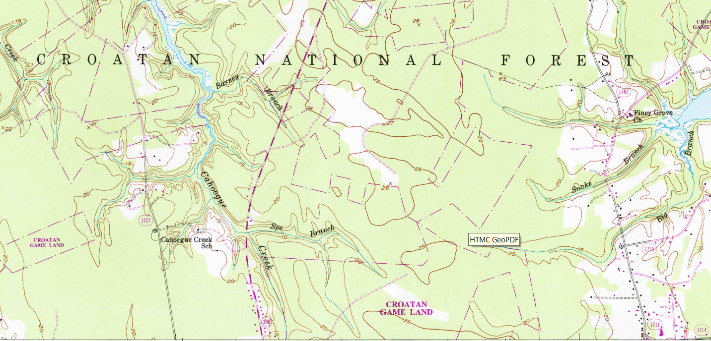 Topographic map section of the Croatan National Forest in North Carolina, showing the winding path of Hancocks Creek and surrounding terrain.
