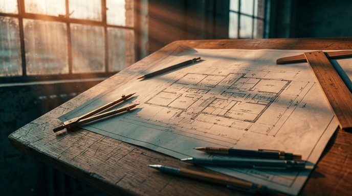 Detailed architectural floor plans spread across a vintage oak drafting table, featuring a brass compass and technical tools illuminated by warm sunlight streaming through an industrial window.