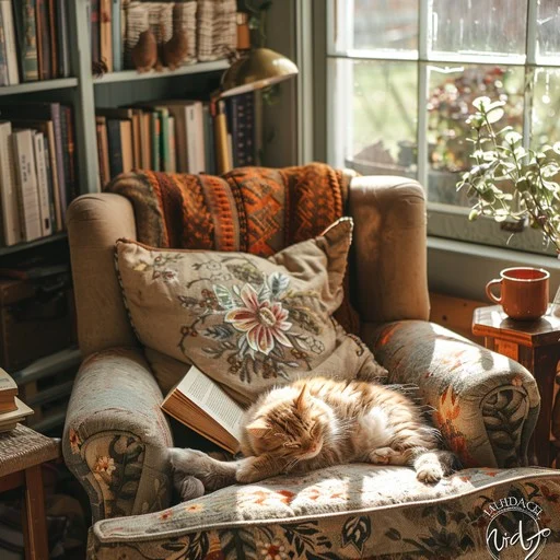 A cozy, sunlit reading nook featuring a vintage-style armchair with a ginger cat sleeping on a patterned cushion, surrounded by floor-to-ceiling bookshelves and a warm lamp.