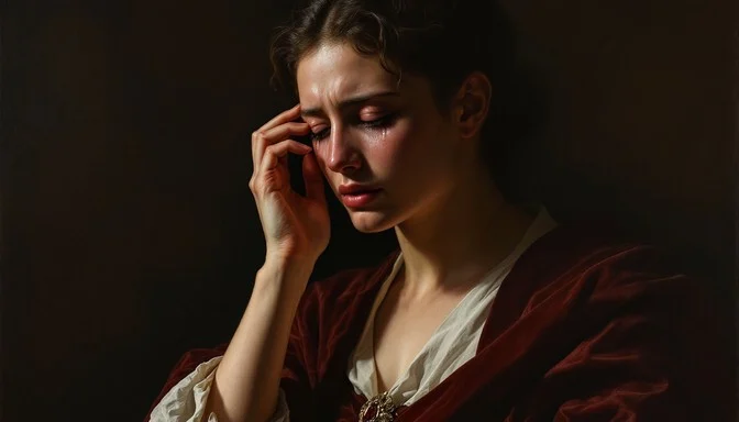 A close-up portrait of a woman in deep thought or distress, her hand pressed to her temple.