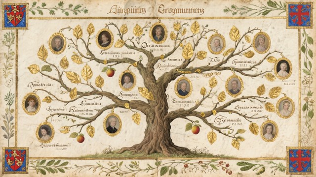 An illuminated, vintage-style illustration of a large, sprawling family tree with framed portraits on its branches, representing genealogical research.