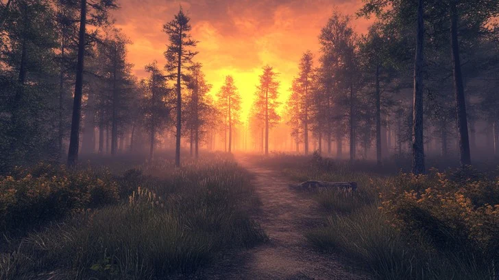 A golden-hour view of a narrow dirt cart path winding through a dense, shadowy forest in the rural South, echoing the historical setting of the story.